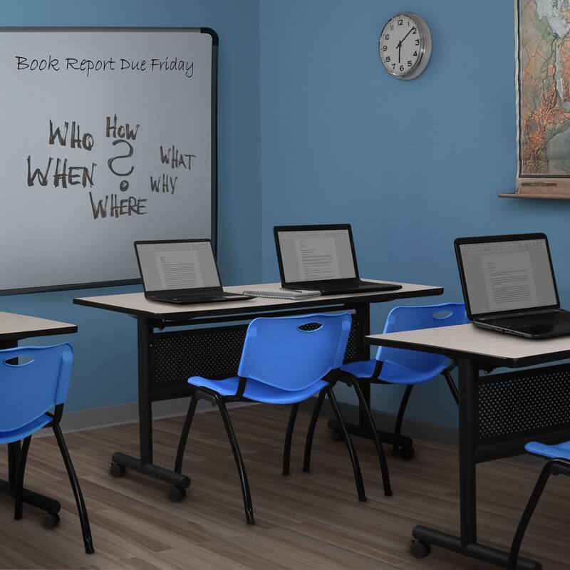 60" x 30" Flip Top Mobile Training Table with Modesty Panel- Maple and 2 "M" Stack Chairs- Blue
