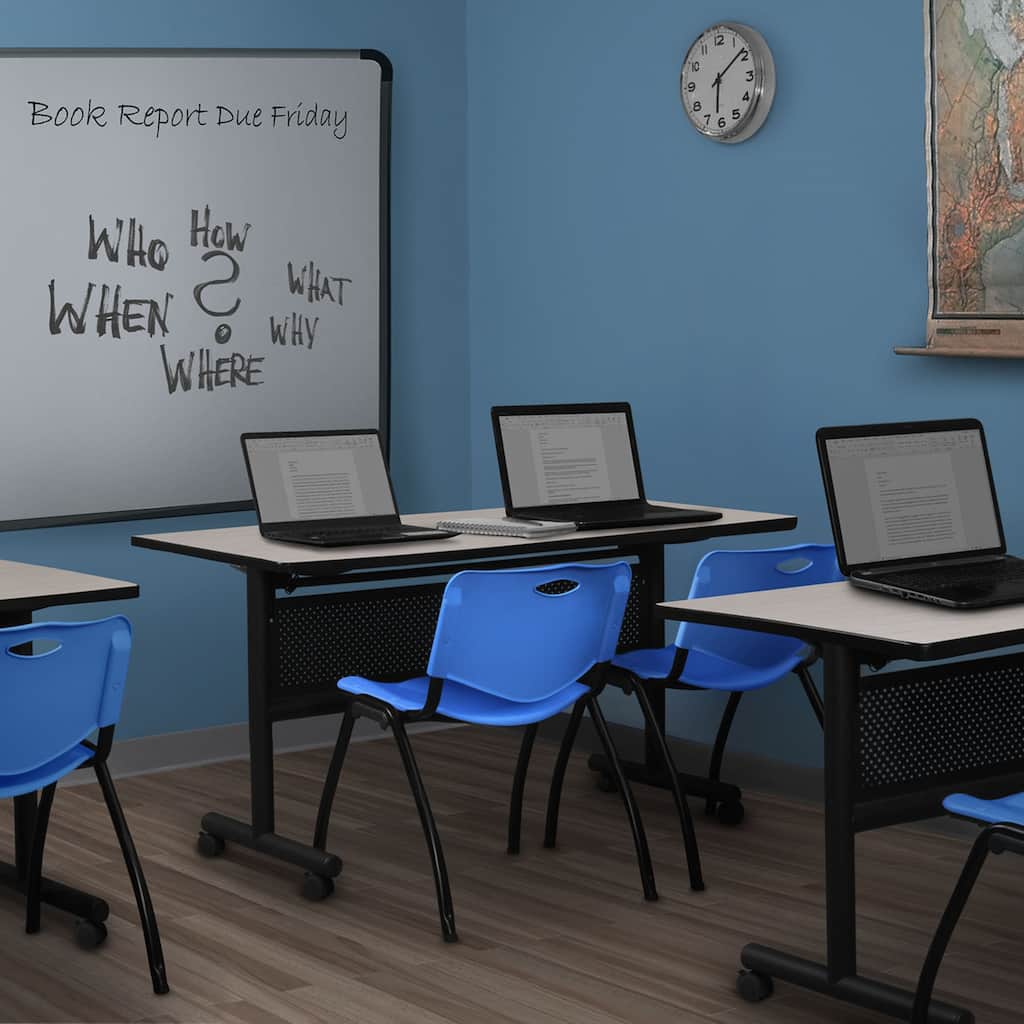 72" x 24" Flip Top Mobile Training Table with Modesty Panel- Maple and 2 "M" Stack Chairs- Blue