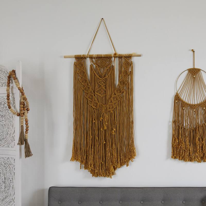 Fabric Macrame Handmade Intricately Weaved Wall Decor with Beaded Fringe Tassels - Brown - Roche River Decor