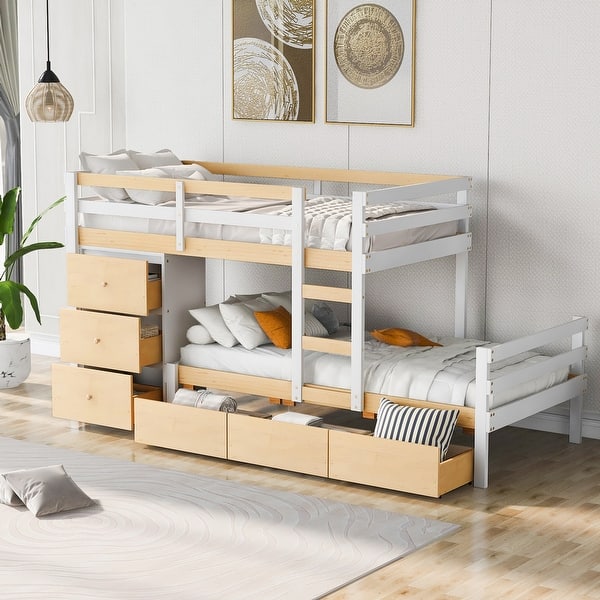 slide 2 of 26, Wood Twin Over Twin Loft Bunk Kids Bed Frame with 6-Drawers & Ladder, Space-Saving for Bedroom, No Box Spring Needed, Natural Natural