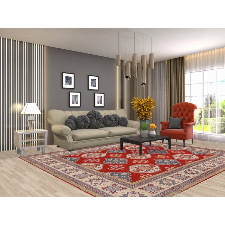 Hand Knotted Oriental 100% Wool Carpet Traditional Geometric Red Kazak Area Rug - 9' 8'' X 7' 11''