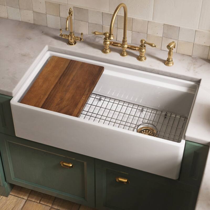36" Reversible Single Bowl Fireclay Sink Set with a Smooth Front Apron, Walnut Wood Cutting Board and Stainless Steel Grid