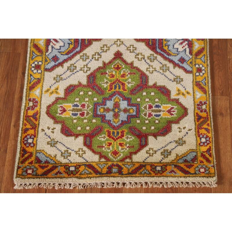 Geometric Beige Kazak Indian Rug Handmade Wool Carpet - 2'7"x 6'0"