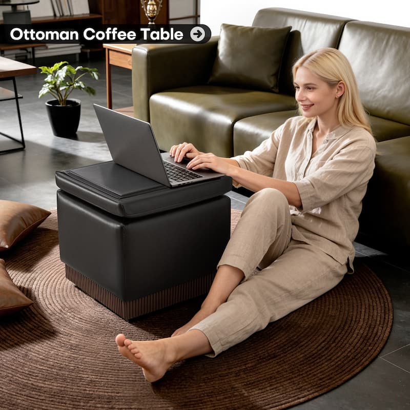 Swivel Storage Ottoman Bench Footstool with Flip-top and Acacia Frame