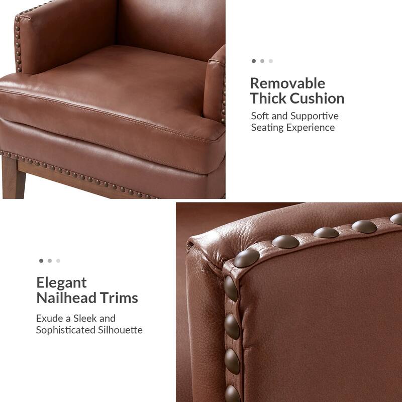 Lourdes Genuine Leather Armchair with Solid Wood Frame and Removable Seat Cushion Set of 2 by HULALA HOME