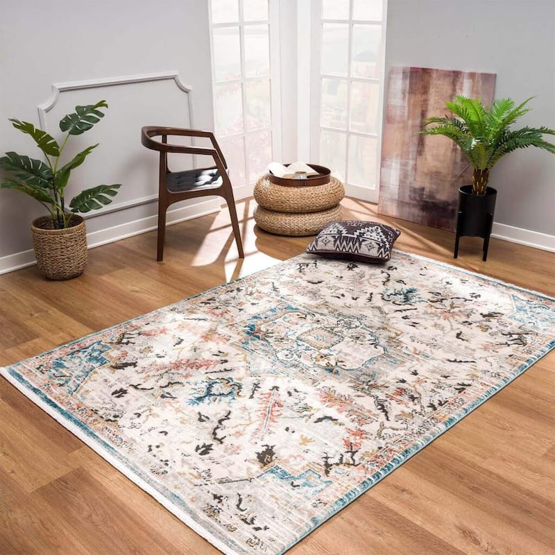Traditional Persian Oriental Distressed Teal Turquoise Ivory Grey Orange Area Rug