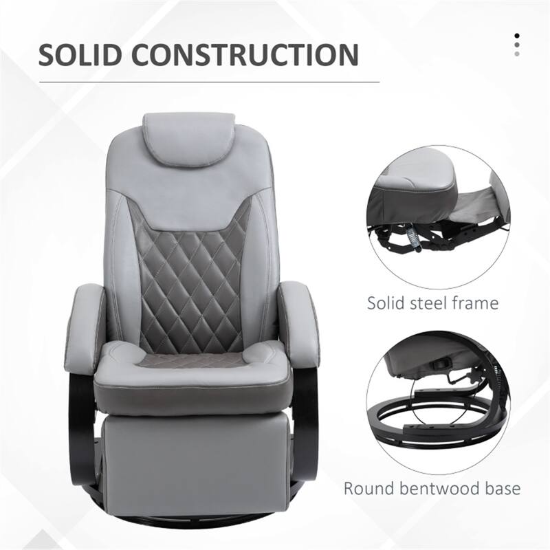 Grey PU Leather Recliner Chair with 360 Swivel Manual Recline Footrest Cup Holders and Side Pockets for Living Room