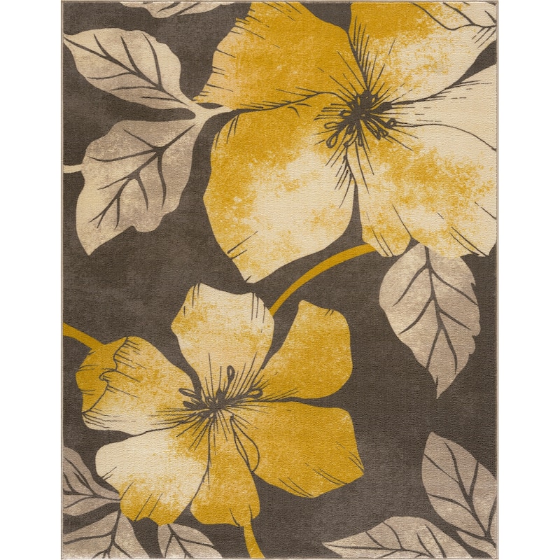 Bahamas Black White Floral Non-Slip Rubber Back Indoor Area Rug - 3 X 5 - Yellow Brown
