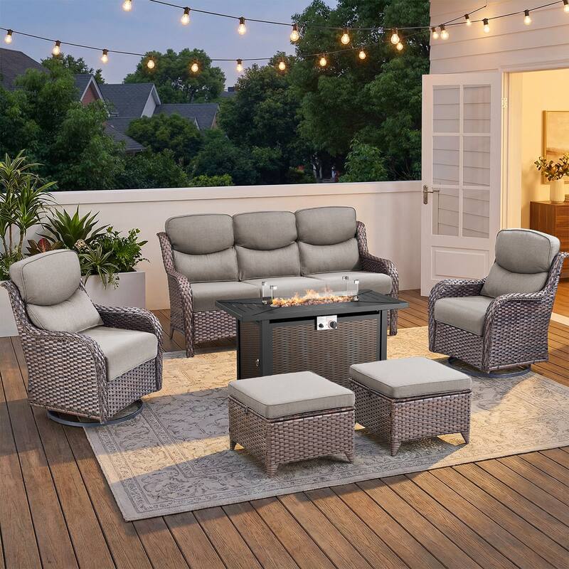 Pocassy Patio Sofa Swivel Chair Set with 43" Fire Pit Table - Brown Wicker Gray Cushion - 6-Piece Sofa Swivel Chair Ottoman w/ Fie Table
