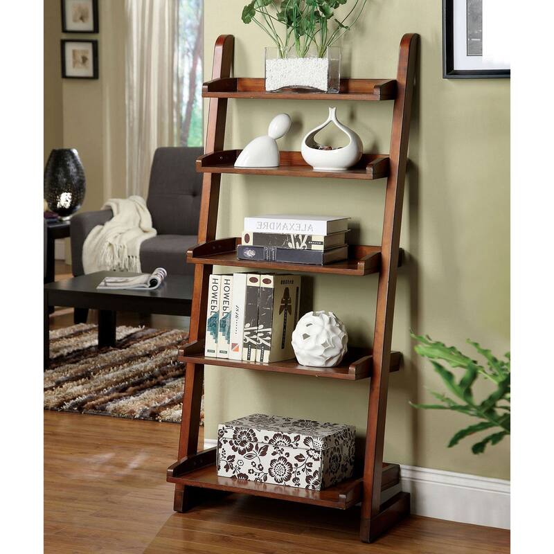 Stylish Transitional Ladder Shelf With 5-Shelves For Display, Oak