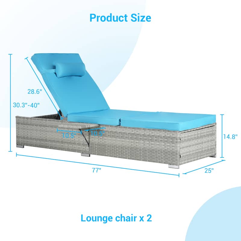 Set of 2 Outdoor Rattan Chaise Lounge with Adjustable Backrest