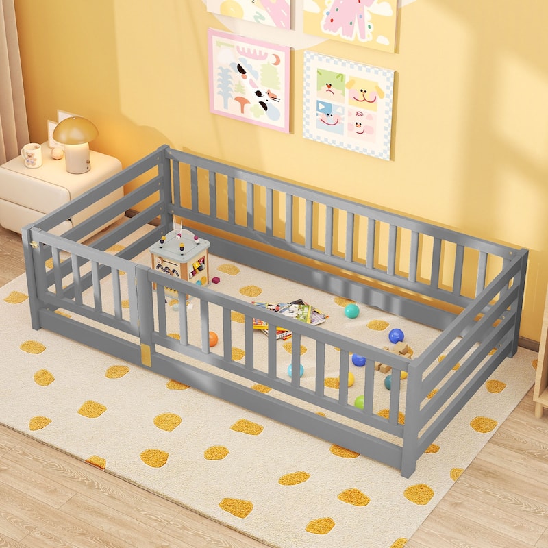 Montessori Solid Pine Wood Frame Twin Floor Bed with Safety Fence and Lockable Door No Slats