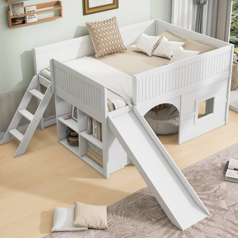 GDFStudio - PlayHaven Modern Wooden Low Loft Bed with Storage Shelves and Slide - Full - White