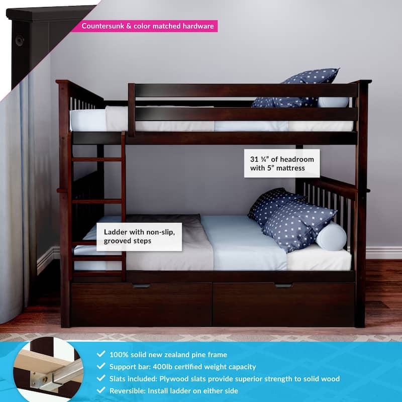 Max and Lily Full over Full Bunk Bed with Storage Drawers