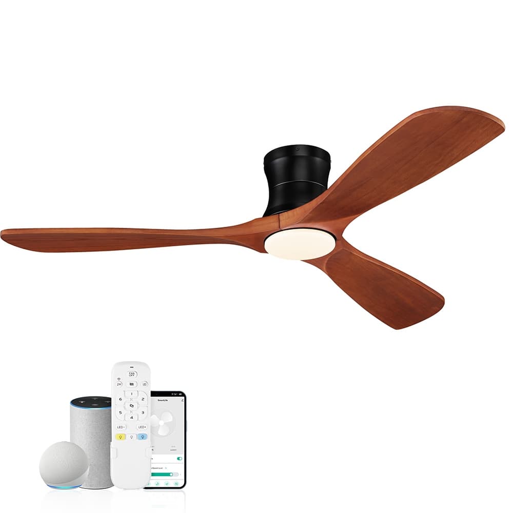 52 in.Wood Smart Outdoor Indoor Flush Mount Ceiling Fans with Lights Remote,WIFI Alexa App workable,Quiet DC Motor
