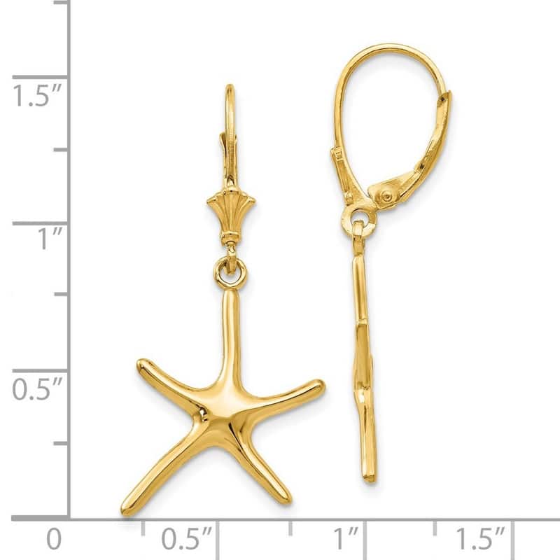 Curata 14k Yellow Gold 36.25mm Dancing Sea Shell Starfish Leverback Earrings