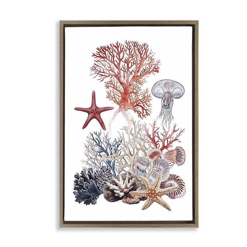 Stupell Aquatic Animals & Coral Framed Floater Canvas Wall Art Design By Ramona Murdock - 21 x 31 - Brown