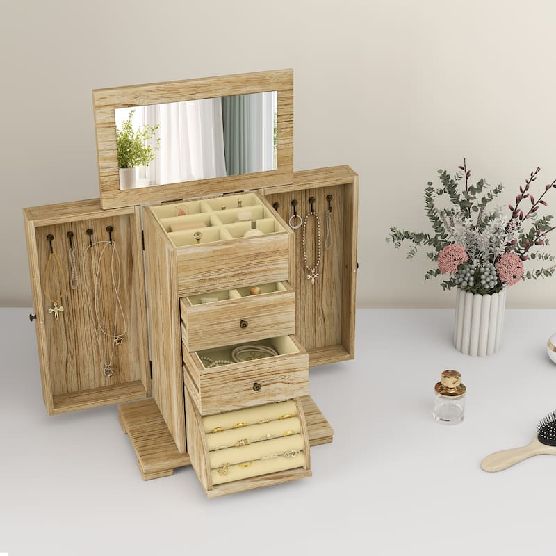 Brown Paulownia Wood Jewelry Box with Mirror and Rotatable Side Doors - 10.4" W x 6.3" D x 13.2" H