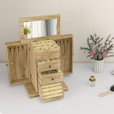 Brown Paulownia Wood Jewelry Box with Mirror and Rotatable Side Doors - 10.4" W x 6.3" D x 13.2" H