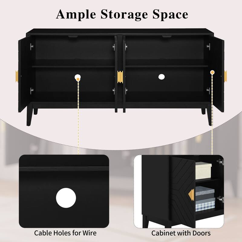 60" 4-Door Sideboard Buffet Cabinet with Adjustable Shelves, Gold Handles & Cable Holes, Wood Storage Console