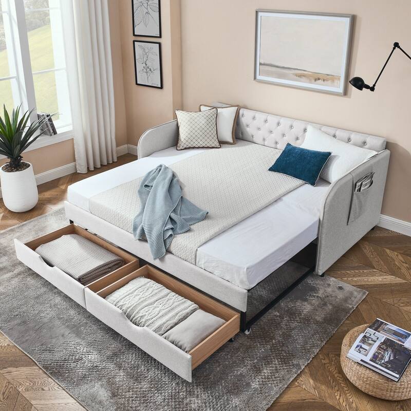 Twin Size Linen Upholstery Daybed with Trundle Bed,Two Storage Drawers