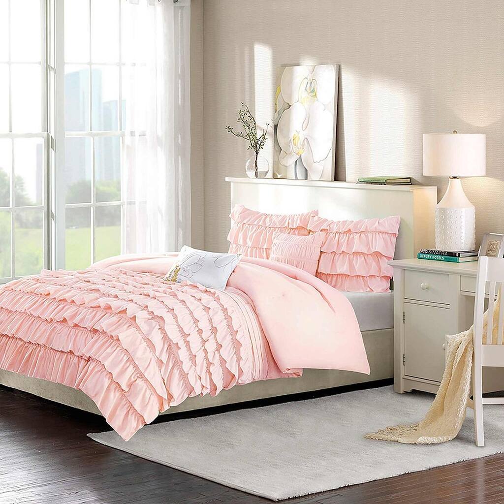Waterfall Ruffled Comforter,Set Soft Chic Princess Bedding Set with Matching Pillowcases