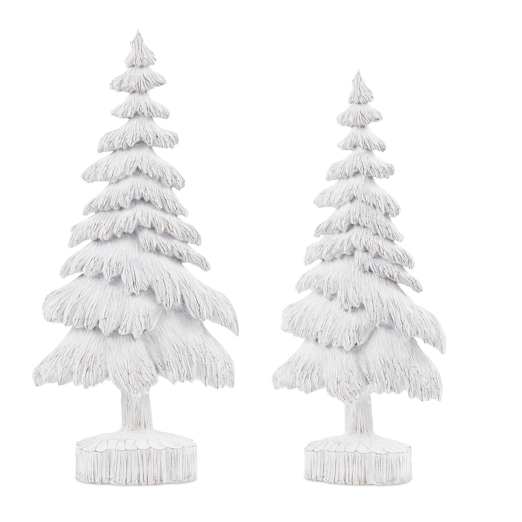 Set of 2 White washed Polyresin Pine Trees Rustic Indoor Holiday Décor with Carved Woodland Design