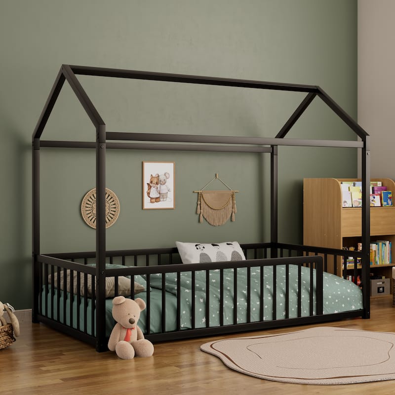 Montessori Style Metal Floor Bed Frame, House Shaped Bed for Kids and Toddlers, No Slats, House Bed