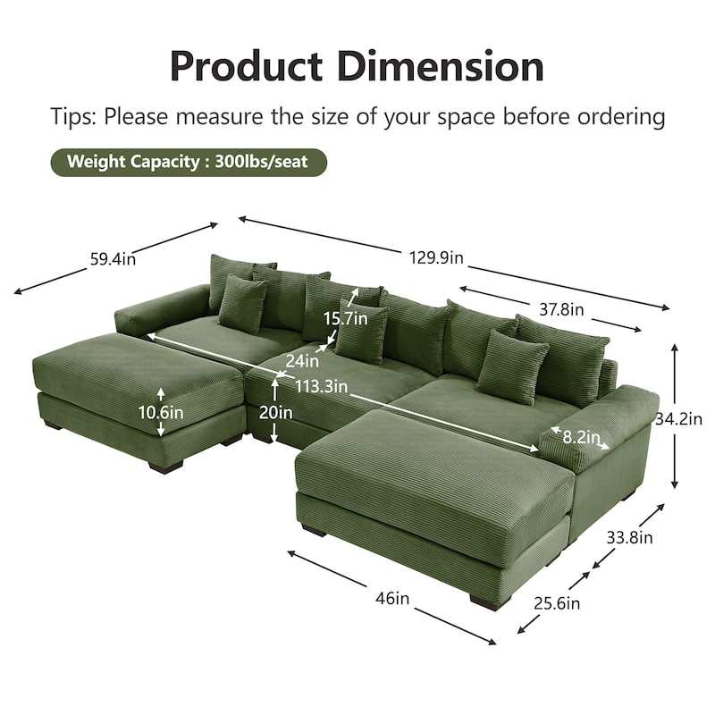 Roomfitters 130 Inch Modular Sectional Couch, Oversized Corduroy 3-Seater with Deep Seats