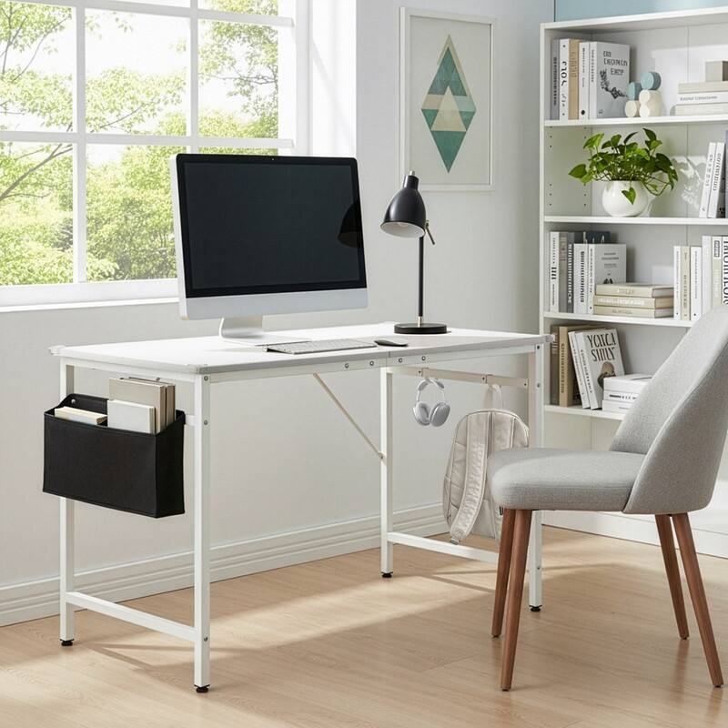 47.2” Computer Desk for Home Office - Study Writing Desk with Storage, Side Hooks & Adjustable Feet - White