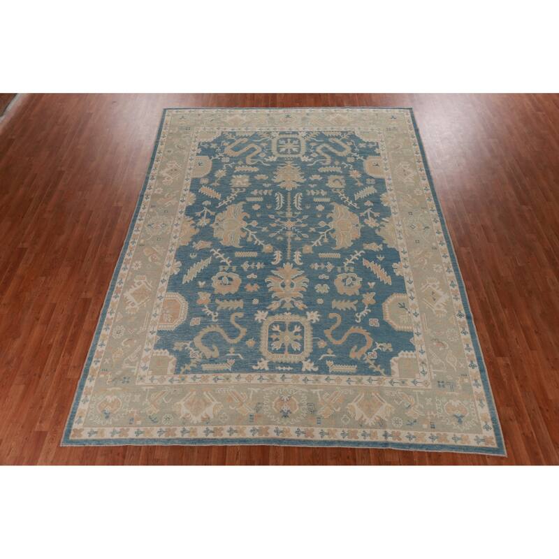 Hand Knotted Oriental 100% Wool Carpet Transitional All-Over Navy Blue & Blues Oushak Area Rug - 12' 0'' X 8' 9''