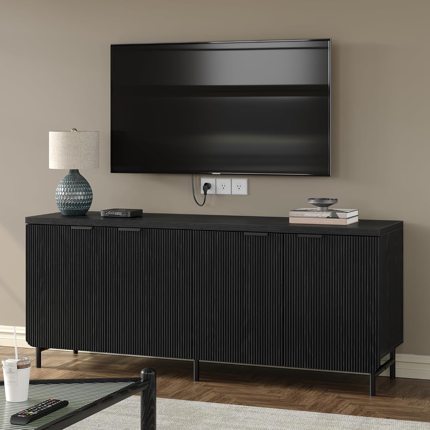 Large Fluted Buffet Cabinet with 4 Doors & Shelves, Wood Sideboard Console for Living Room