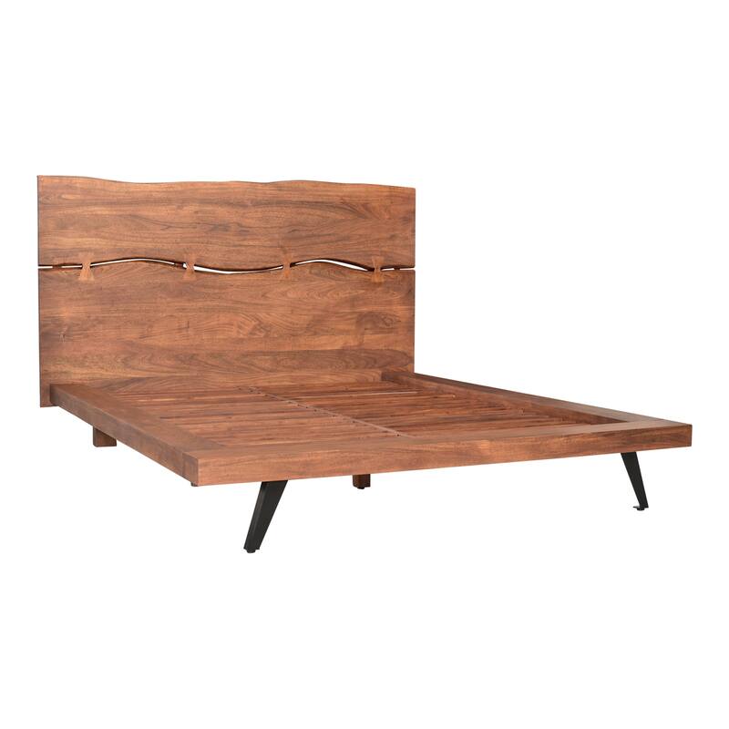 NADAAL STUDIOS Sterling Brown Solid Acacia Queen Platform Bed with Organic Edge Headboard and Steel Legs