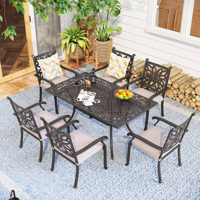 MAISON ARTS 7-Piece Cast Aluminum Patio Dining Set with Rectangle Dining Table & 6 Cast Aluminum Patio Chairs