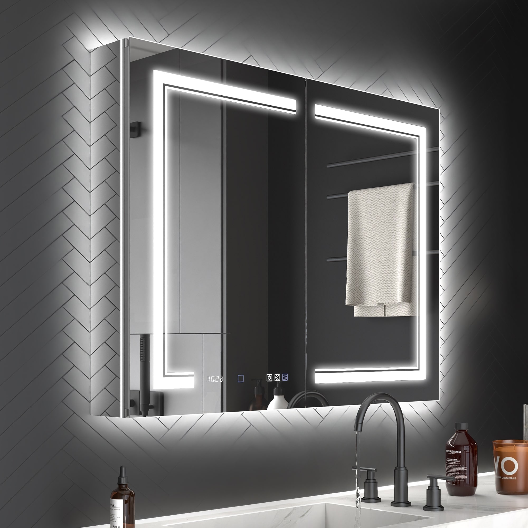 EcoBrite 24 in. W x 32 in. H Rectangular Backlit and Front Light Left Medicine Cabinet with Mirror