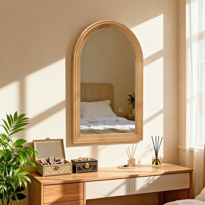 Arched Wood Framed Wall Mirror, 35.43" H x 23.62" W Rustic Decorative Mirror for Bathroom/Vanity/Living Room