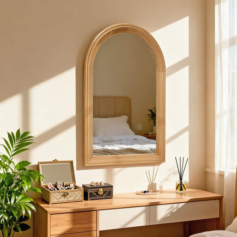 Arched Wood Framed Wall Mirror - Natural Wood - Natural Wood