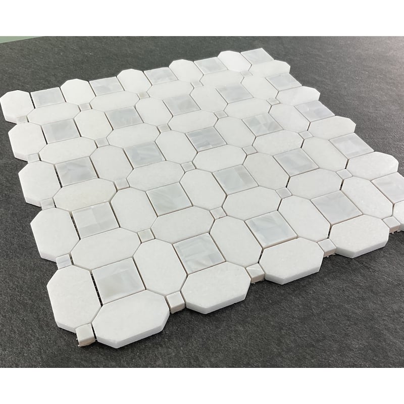 Thassos White Marble Octagon Mosaic Tile With Mother Of Pearl Inlay - Case (10 Sheets)