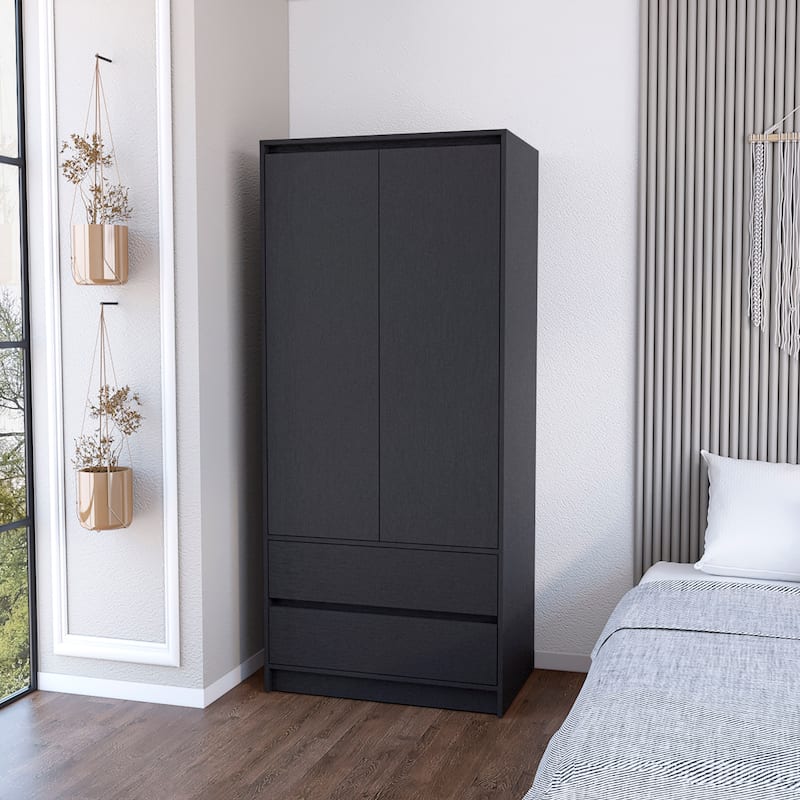 20.47" Modern Double-door Armoire with Hanging Rod and Two Drawers for Bedroom