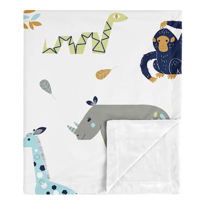 Safari Animals Collection Boy Baby Receiving Security Swaddle Blanket - Turquoise and Navy Blue Mod Jungle Lion Monkey Giraffe