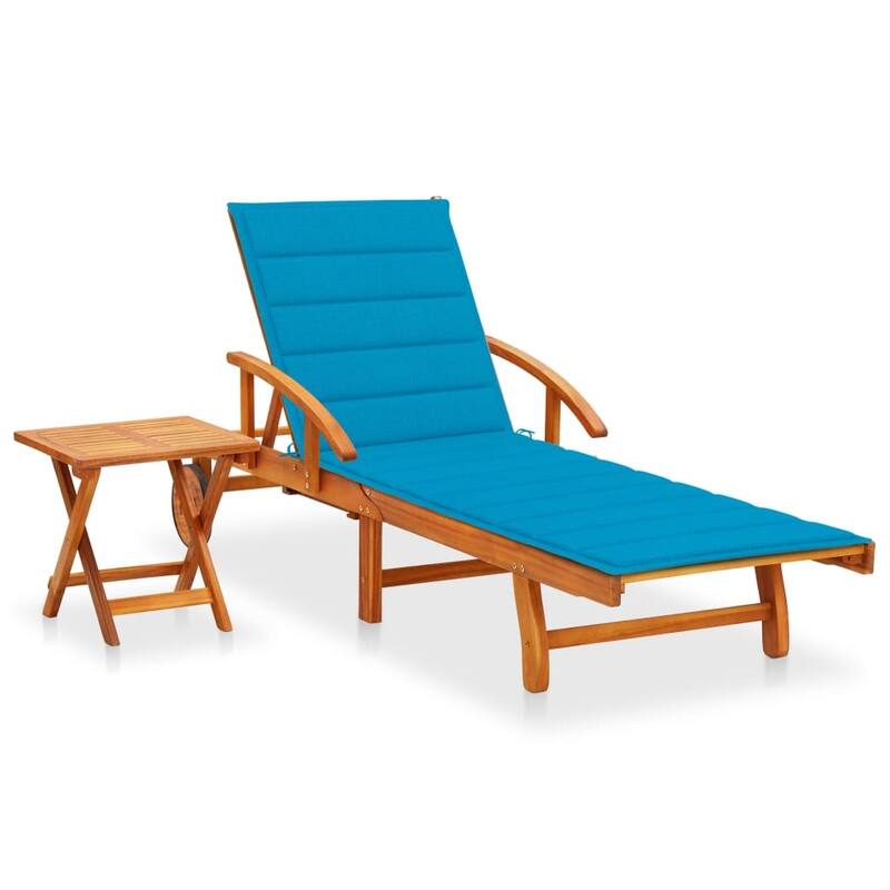 vidaXL Patio Lounge Chair Sunbed Sunlounger with Cushion Solid Acacia Wood - Blue with Table
