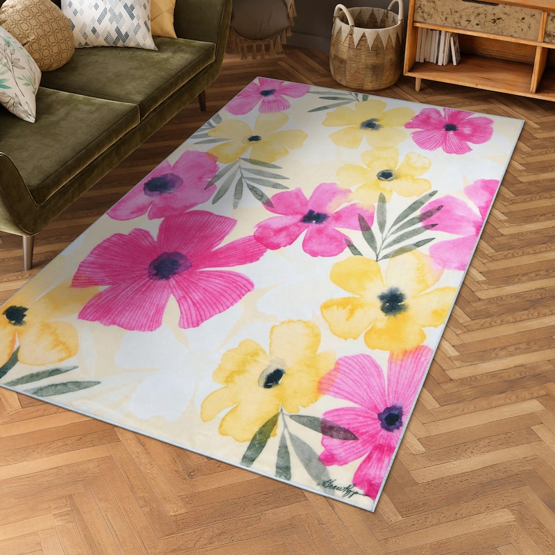 Tropical Posies, Hand Washable Flowers Art Area Rug, power-loomed, 100% polyester, 2mm pile, nonslipping back