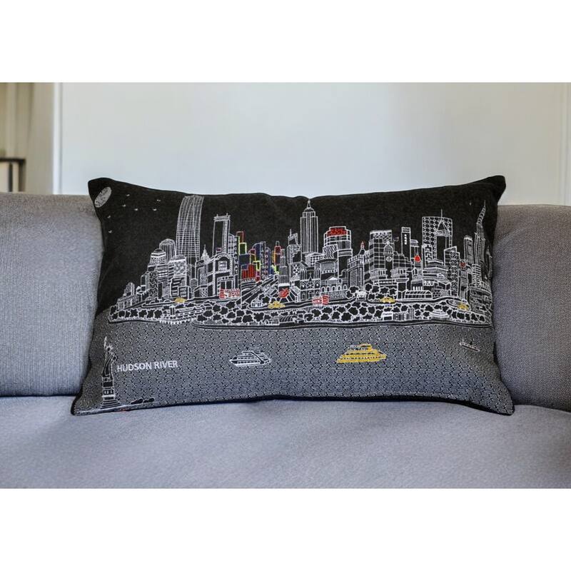 HomeRoots 25" Black NYC Nighttime Skyline Lumbar Decorative Pillow - Bed Rest - Polyester
