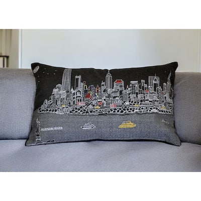 HomeRoots 25" Black NYC Nighttime Skyline Lumbar Decorative Pillow