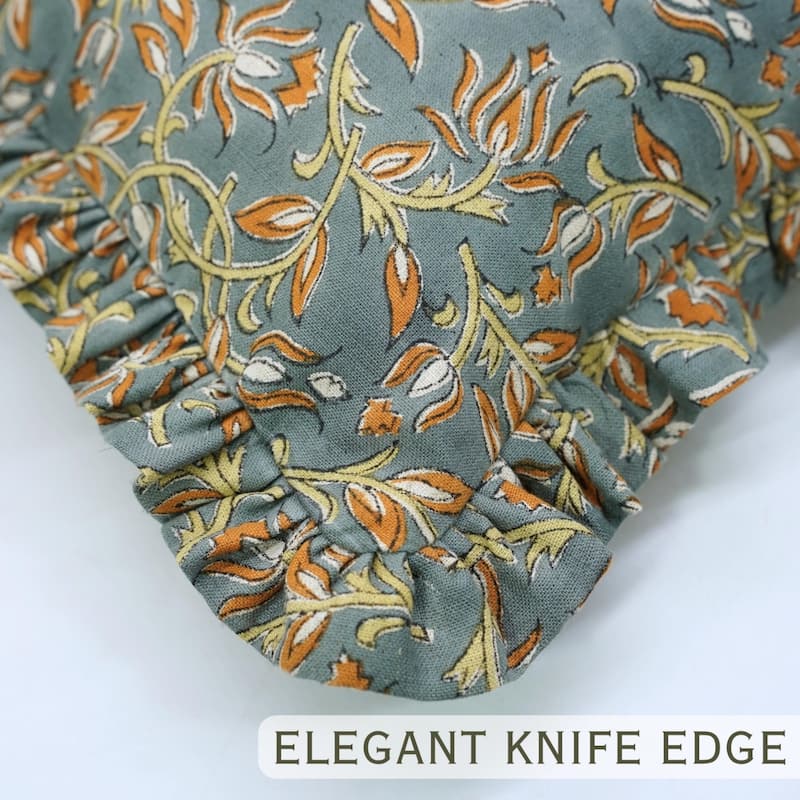 Fabdivine Handmade Block Print Floral Frill Both Side Soft Boho Pure Linen Pillow Cover