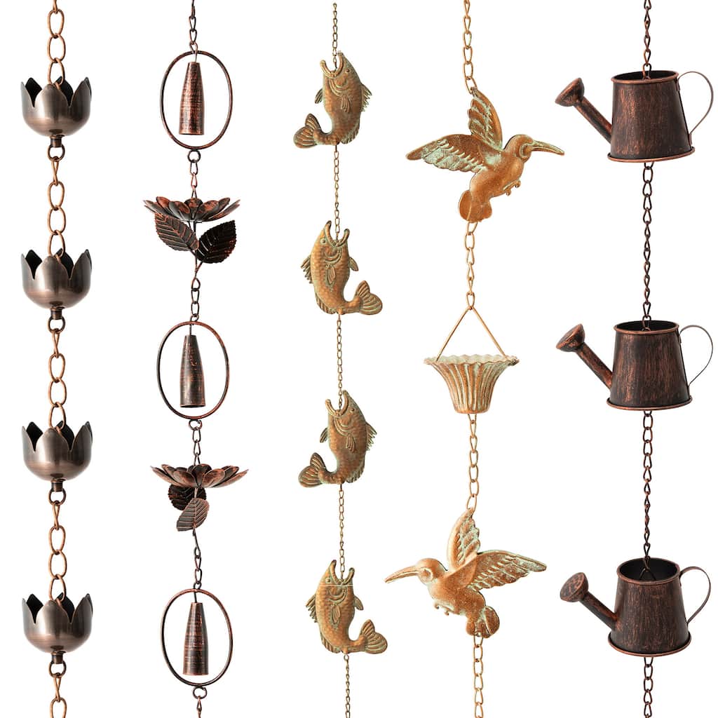 Glitzhome 2-Piece 102" Long Bronze Rain Chains with Fish/ Lotus/ Umbrella/ Watering Pot