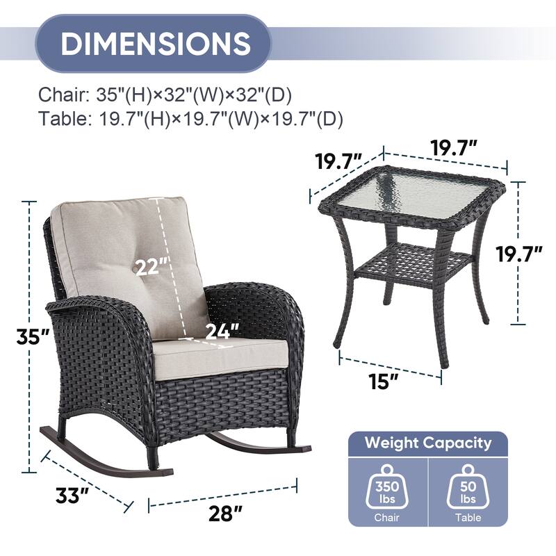PlainCurve 3-Piece Wicker Outdoor Patio Conversation Set with Rocking Chairs and Olefin Cushions