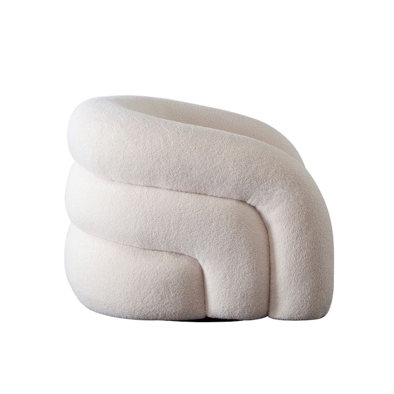 Veny Swivel Accent Chair, Ivory Sherpa Fabric, Curved Barrel Back