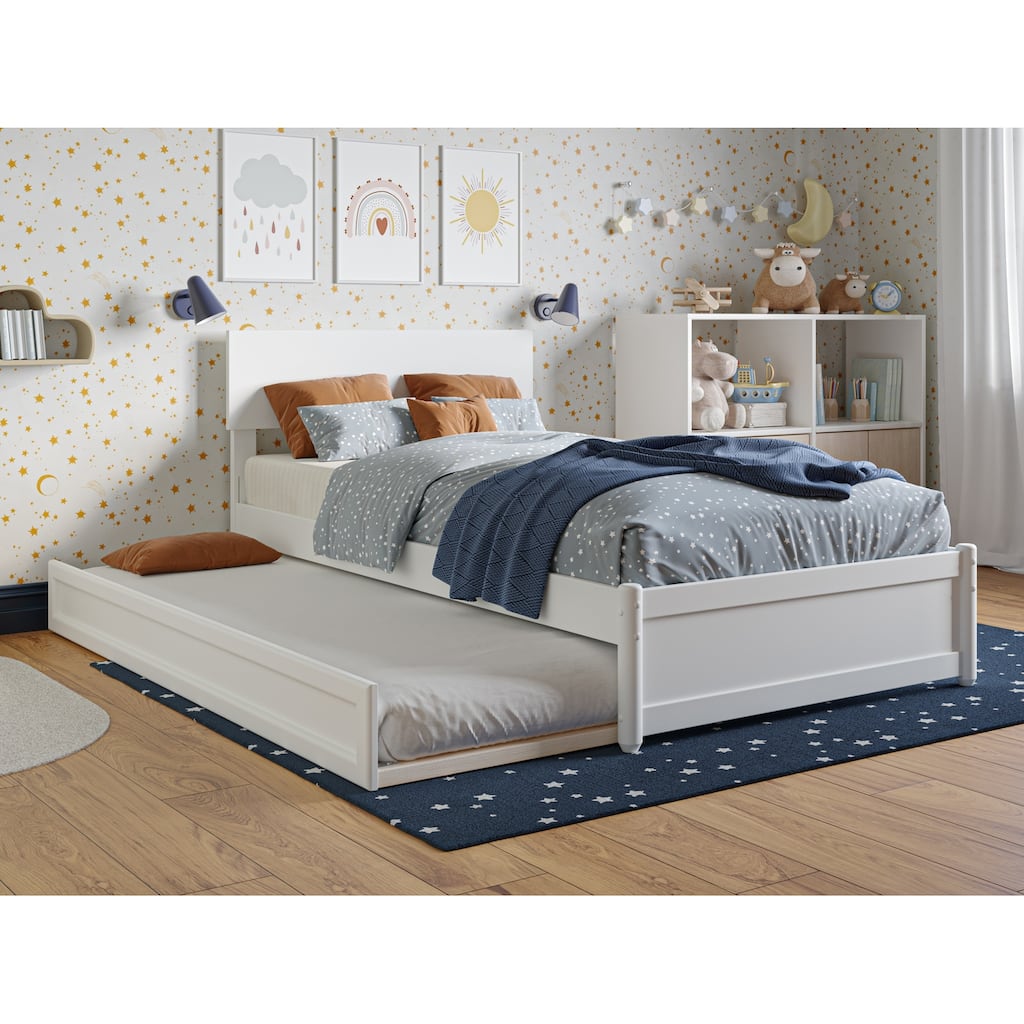 Twin Bed with Trundle & Panel Footboard - White Platform Bed Frame, Adjustable Headboard
