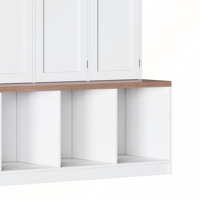 Farmhouse Hall Tree with 4 Hidden Hanging Hooks and Versatile Walnut Seating Bench